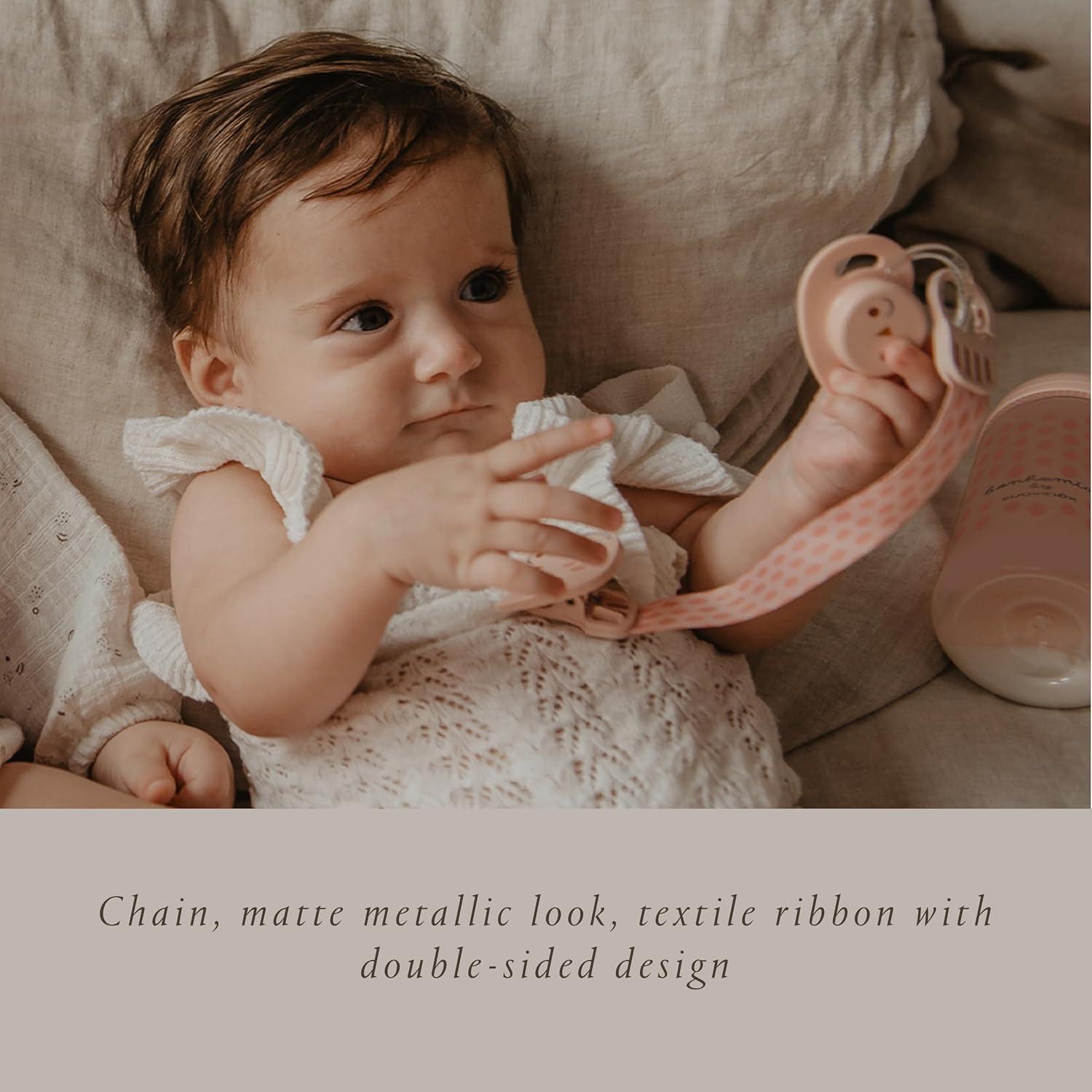 image:imageSuavinex Bonhomia Premium Baby Pacifier Clip with Ribbon Stylish Binky Clips with Double Sided Design Baby Accessories Baby Essentials 0mo Beigebeige